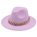 Pink felt fedora hat with a chunky gold acrylic chain band decoration on a white background - Taro Purple