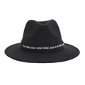 Detail shot of black wide brim fedora hat with turquoise and metallic beaded band - Blue Bead Metal