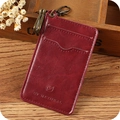 Vintage wine red leather card holder with antique bronze hook and double slots - Magic Red