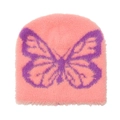Vista dettagliata del berretto in maglia rosa con motivo a farfalla viola jacquard - M(56-58cm) / Rosso Anguria