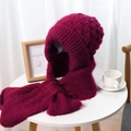 Winter knitted hood scarf set in wine red with thick fleece lining and ribbed texture - Burgundy