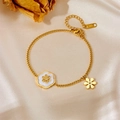 Golden flower bracelet in stainless steel with white shell petals on champagne silk cloth - C112 Bracelet