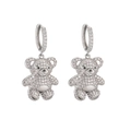 Close-up of silver bear earrings with white cubic zirconia pavé on a white background - Silver White Zirconia Bear Earrings