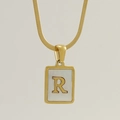 Square shell pendant necklace with gold R initial and flat snake chain for women - Letter R