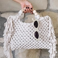Bohemian woven mini handbag with tassel fringe and wooden bead handle in cream white - White