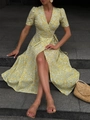 Floral V-neck short sleeve wrap dress with side tie and split hem in yellow print - S / Yellow