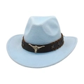 Macro view of light blue felt cowboy hat with bull head silver metal buckle and leather band - One Size / Sky Blue