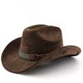 Close-up of brown suede cowboy hat with metallic buckle and grey ribbon detail - M (56-58cm) / Coffee
