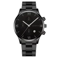 Close-up of black Geneva chronograph watch with steel strap and Roman numerals dial - All Black With 4 O'clock Calendar