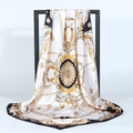 Satin square scarf with white and gold baroque chain print and black border - Black White Vintage