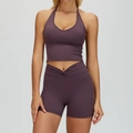 Two-piece deep purple yoga set with halter neck sports bra and high-waisted shorts - S / Top And Bottom / Grape Purple
