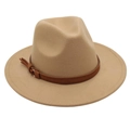 Detail of wool fedora hat in beige featuring a slim brown leather belt with metal buckle - Camel (Brown Belt)