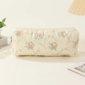 Detailed close-up of quilted floral cotton makeup bag with blue and orange flowers - Yellow Base Orange Flower