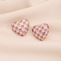 Orecchini a lobo a cuore 3D con motivo a scacchi viola e rosa e bordo dorato elegante - Stile Cuore a Scacchi Viola e Rosa / 3# Viola e Rosa