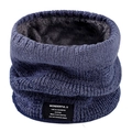 Navy blue ribbed knit neck warmer with thick grey fleece lining and decor label - Denim Blue