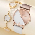 Women's quartz watch with rose gold case, beige leather strap, and clover bracelet set - Rose Gold + White + Numeric Dial + Star Bracelet