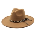Classic wide brim wool fedora hat in brown with stylish gold chain and bow trim - M (56-58cm) / Light Coffee