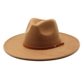 Classic camel wool fedora hat with wide brim and brown leather band for men and women - M (56-58cm) / Light Coffee