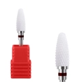 White ceramic nail drill bit with coarse grit and red ring in a plastic storage box - HF-34 Cone Ceramic Drill Bit (F Fine)
