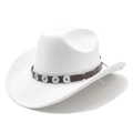 Close-up of black leather hat band featuring silver metal studs and blue turquoise stones - M (56-59cm) / White Suede
