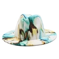 Wide brim wool jazz hat with blue and yellow artistic marble print pattern - M / Lake Blue Caramel Lemon Yellow Abstract(3)