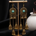 Vintage bohemian tassel earrings in antique gold with turquoise beads and small bells - H4419 Antique Gold