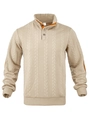 Detail eines beigen Herren-Strickpullovers mit Zopfmuster, Knöpfen und Stehkragen - S / Khaki