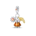 Silver bear charm with orange enamel sweater and wheat spike accessory for bracelets - PAC1356-Autumn Bear Sun & Wheat Dangle
