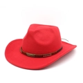 Detail of red wool felt cowboy hat with a brown belt strap and vintage metal buckle - Red