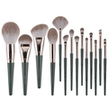 Deep green champagne gold makeup brush set with brown gradient bristles on white background - 14Pcs Deep Green Style (OPP Bag)