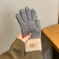 Knitted grey and beige winter gloves with touchscreen capability and thermal lining - Full Finger Style / Gray