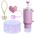 Pink heart straw cover, gold butterfly charm, and purple glitter boot for water bottles - Butterfly Chain + Pink Heart Straw Cover + Purple Rhinestone Boot / Purple/Pink