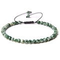Adjustable 4mm natural green and white stone bead bracelet with black woven cord - Qinghai Jade