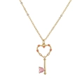 Gold-plated hollow heart key pendant necklace with pink and red zircon stones - Radiant Heart Key / Gold
