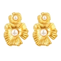 18K gold-plated floral earrings with centered white pearls on a white background - Gold Double Layer Petal Earrings with White Faux Pearls (MS-479)