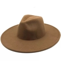 Classic brown wide-brim wool felt fedora hat with flat top for women in vintage style - One Size 58cm / Dark Camel