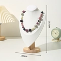White leather bust necklace display stand with light wood base and 30.7cm height label - Large Size White Leather