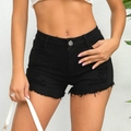 Distressed black high waist denim shorts with ripped details and raw hem edges - S / Black