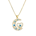 Collier doré avec pendentif lune et cœur, motif œil bleu et zircons brillants - Lune Cœur-Bleu (CN001592YH)