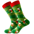 Striped green mid-calf soccer socks with cartoon players and red ribbed cuffs - Size 39-45 / Soccer Player