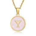 Gold stainless steel initial necklace featuring a pink round pendant with letter Y - Gold Letter Y (With Chain)