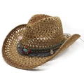 Cappello da cowboy in paglia etnica con fascia turchese e nappe per protezione solare - Marrone Naturale con Ornamento in Metallo (03)