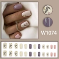 Short square purple press-on nails with leaf pattern, gold foil and glossy finish - Purple Leaf Gold Foil Art Style (W1074)