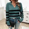 Damen Strickpullover gestreift mit Polokragen in Blaugrün und Schwarz Langarm-Look - S / Grün