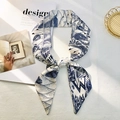 Blue and white Twilly silk scarf with letter W print and geometric pattern design - Style W (White/Blue Wave Dot Decoration)