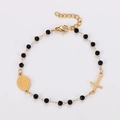 Close-up of black beaded chain with golden Virgin Mary medal and cross charm detail - 17+3cm / Gold