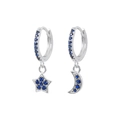 Asymmetric S925 silver hoop earrings with blue crystal star and moon charms - Silver Blue