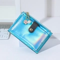 Iridescent laser blue multi-slot card holder with floral pearl charm and zipper closure - Blue