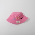 Detail of a bright pink sun hat with colorful decorative bows and white textile label - Kids One Size / Deep Pink