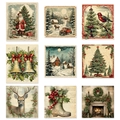 Set van 9 vintage kerststickers met de kerstman, rendieren en winterse taferelen - 9 Stuks/Verpakking